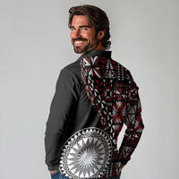 Red Tongan Ngatu Fonulei Pattern Long Sleeve Polo Shirt