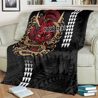 Hawaii and Japanese Oni Mask Personalised Blanket Kakau Pattern Dark Art Style