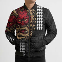 Hawaii and Japanese Oni Mask Personalised Bomber Puffer Jacket Kakau Pattern Dark Art Style - Polynesian Pride