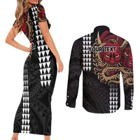 Hawaii and Japanese Oni Mask Personalised Couples Matching Short Sleeve Bodycon Dress and Long Sleeve Button Shirt Kakau Pattern Dark Art Style