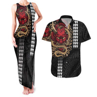 Hawaii and Japanese Oni Mask Personalised Couples Matching Tank Maxi Dress and Hawaiian Shirt Kakau Pattern Dark Art Style