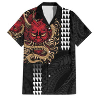 Hawaii and Japanese Oni Mask Personalised Family Matching Long Sleeve Bodycon Dress and Hawaiian Shirt Kakau Pattern Dark Art Style
