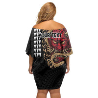 Hawaii and Japanese Oni Mask Personalised Family Matching Off Shoulder Short Dress and Hawaiian Shirt Kakau Pattern Dark Art Style
