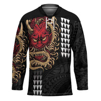 Hawaii and Japanese Oni Mask Personalised Hockey Jersey Kakau Pattern Dark Art Style LT9 Unisex Black - Polynesian Pride