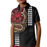 Hawaii and Japanese Oni Mask Personalised Kid Polo Shirt Kakau Pattern Dark Art Style