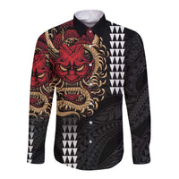 Hawaii and Japanese Oni Mask Personalised Long Sleeve Button Shirt Kakau Pattern Dark Art Style