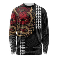 Hawaii and Japanese Oni Mask Personalised Long Sleeve Shirt Kakau Pattern Dark Art Style