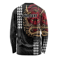 Hawaii and Japanese Oni Mask Personalised Long Sleeve Shirt Kakau Pattern Dark Art Style