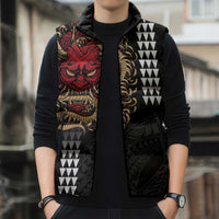 Hawaii and Japanese Oni Mask Personalised Sleeveless Puffer Jacket Kakau Pattern Dark Art Style - Polynesian Pride