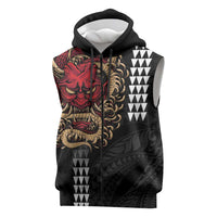 Hawaii and Japanese Oni Mask Personalised Sleeveless Zip Hoodie Kakau Pattern Dark Art Style LT9 Black - Polynesian Pride