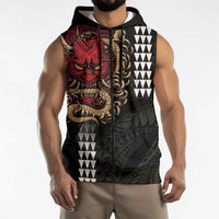 Hawaii and Japanese Oni Mask Personalised Sleeveless Zip Hoodie Kakau Pattern Dark Art Style LT9 - Polynesian Pride