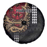 Hawaii and Japanese Oni Mask Personalised Spare Tire Cover Kakau Pattern Dark Art Style