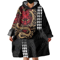 Hawaii and Japanese Oni Mask Personalised Wearable Blanket Hoodie Kakau Pattern Dark Art Style