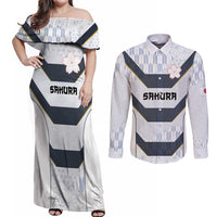 Japan Pacific Rugby 2022-23 Custom Couples Matching Off Shoulder Maxi Dress and Long Sleeve Button Shirt Black Sakura Japanese Wave Pattern LT9 Black - Polynesian Pride
