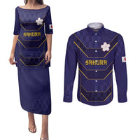 Japan Pacific Rugby 2022-23 Custom Couples Matching Puletasi and Long Sleeve Button Shirt Blue Sakura Japanese Wave Pattern LT9 Blue - Polynesian Pride