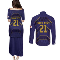 Japan Pacific Rugby 2022-23 Custom Couples Matching Puletasi and Long Sleeve Button Shirt Blue Sakura Japanese Wave Pattern LT9 - Polynesian Pride