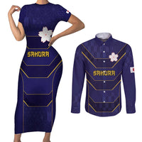 Japan Pacific Rugby 2022-23 Custom Couples Matching Short Sleeve Bodycon Dress and Long Sleeve Button Shirt Blue Sakura Japanese Wave Pattern LT9 Blue - Polynesian Pride