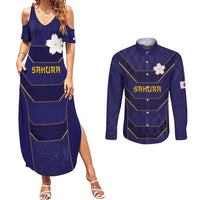 Japan Pacific Rugby 2022-23 Custom Couples Matching Summer Maxi Dress and Long Sleeve Button Shirt Blue Sakura Japanese Wave Pattern LT9 Blue - Polynesian Pride