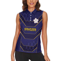 Japan Pacific Rugby 2022-23 Custom Women Sleeveless Polo Shirt Blue Sakura Japanese Wave Pattern