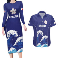 Japan Pacific Rugby Custom Couples Matching Long Sleeve Bodycon Dress and Hawaiian Shirt Go Sakura Japanese Wave Pattern LT9 Blue - Polynesian Pride