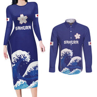 Japan Pacific Rugby Custom Couples Matching Long Sleeve Bodycon Dress and Long Sleeve Button Shirt Go Sakura Japanese Wave Pattern LT9 Blue - Polynesian Pride
