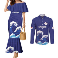 Japan Pacific Rugby Custom Couples Matching Mermaid Dress and Long Sleeve Button Shirt Go Sakura Japanese Wave Pattern LT9 Blue - Polynesian Pride