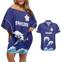 Japan Pacific Rugby Custom Couples Matching Off Shoulder Short Dress and Hawaiian Shirt Go Sakura Japanese Wave Pattern LT9 Blue - Polynesian Pride