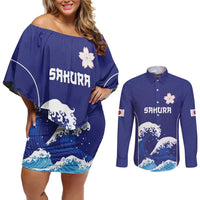Japan Pacific Rugby Custom Couples Matching Off Shoulder Short Dress and Long Sleeve Button Shirt Go Sakura Japanese Wave Pattern LT9 Blue - Polynesian Pride