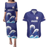 Japan Pacific Rugby Custom Couples Matching Puletasi and Hawaiian Shirt Go Sakura Japanese Wave Pattern LT9 Blue - Polynesian Pride