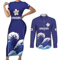 Japan Pacific Rugby Custom Couples Matching Short Sleeve Bodycon Dress and Long Sleeve Button Shirt Go Sakura Japanese Wave Pattern LT9 Blue - Polynesian Pride