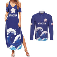 Japan Pacific Rugby Custom Couples Matching Summer Maxi Dress and Long Sleeve Button Shirt Go Sakura Japanese Wave Pattern LT9 Blue - Polynesian Pride