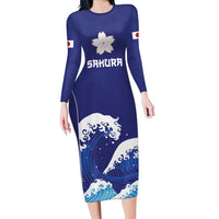 Japan Pacific Rugby Custom Family Matching Long Sleeve Bodycon Dress and Hawaiian Shirt Go Sakura Japanese Wave Pattern LT9 Mom's Dress Blue - Polynesian Pride