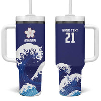 Japan Pacific Rugby Custom Tumbler With Handle Go Sakura Japanese Wave Pattern