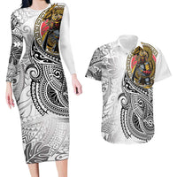 Japanese Samurai Warrior Couples Matching Long Sleeve Bodycon Dress and Hawaiian Shirt White Polynesian Tattoo Style