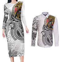 Japanese Samurai Warrior Couples Matching Long Sleeve Bodycon Dress and Long Sleeve Button Shirt White Polynesian Tattoo Style
