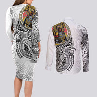 Japanese Samurai Warrior Couples Matching Long Sleeve Bodycon Dress and Long Sleeve Button Shirt White Polynesian Tattoo Style