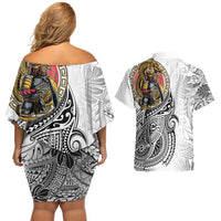 Japanese Samurai Warrior Couples Matching Off Shoulder Short Dress and Hawaiian Shirt White Polynesian Tattoo Style