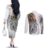 Japanese Samurai Warrior Couples Matching Off The Shoulder Long Sleeve Dress and Long Sleeve Button Shirt White Polynesian Tattoo Style LT9 - Polynesian Pride
