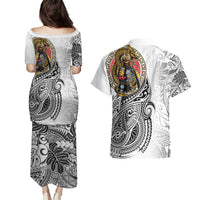 Japanese Samurai Warrior Couples Matching Puletasi and Hawaiian Shirt White Polynesian Tattoo Style
