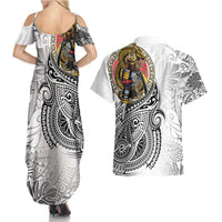 Japanese Samurai Warrior Couples Matching Summer Maxi Dress and Hawaiian Shirt White Polynesian Tattoo Style