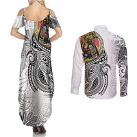 Japanese Samurai Warrior Couples Matching Summer Maxi Dress and Long Sleeve Button Shirt White Polynesian Tattoo Style LT9 - Polynesian Pride