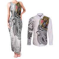Japanese Samurai Warrior Couples Matching Tank Maxi Dress and Long Sleeve Button Shirt White Polynesian Tattoo Style LT9 White - Polynesian Pride