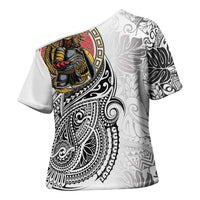 Japanese Samurai Warrior Cross Shoulder Shirt White Polynesian Tattoo Style LT9 - Polynesian Pride