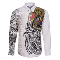 Japanese Samurai Warrior Family Matching Long Sleeve Bodycon Dress and Hawaiian Shirt White Polynesian Tattoo Style