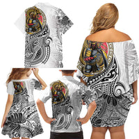 Japanese Samurai Warrior Family Matching Off Shoulder Short Dress and Hawaiian Shirt White Polynesian Tattoo Style
