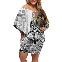 Japanese Samurai Warrior Family Matching Off Shoulder Short Dress and Hawaiian Shirt White Polynesian Tattoo Style