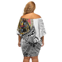 Japanese Samurai Warrior Family Matching Off Shoulder Short Dress and Hawaiian Shirt White Polynesian Tattoo Style
