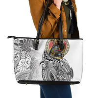 Japanese Samurai Warrior Leather Tote Bag White Polynesian Tattoo Style