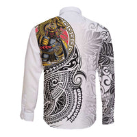 Japanese Samurai Warrior Long Sleeve Button Shirt White Polynesian Tattoo Style LT9 - Polynesian Pride