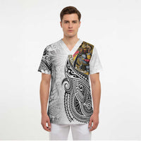 Japanese Samurai Warrior Scrub Top White Polynesian Tattoo Style - Polynesian Pride